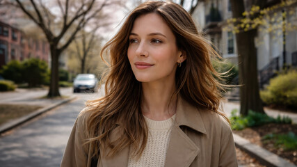 Obraz premium Elegant woman walking along quiet city street in spring. Natural beauty portrait with flowing hair and urban lifestyle concept.