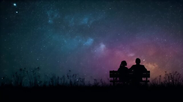 Lovely couple romantic moment. Valentines Day. Two silhouetted figures, likely a couple, sitting on a bench under a starfilled night sky. The scene is illuminated by the soft glow of the stars.
