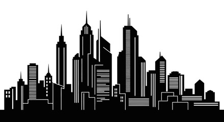Obraz premium Detailed Black City Skyline Silhouette Vector Illustration on isolated white background