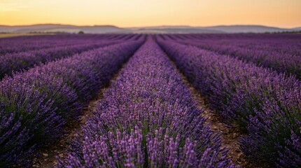 Obraz premium Expansive lavender field at sunset with vibrant purple blooms and distant mountains in provence, france