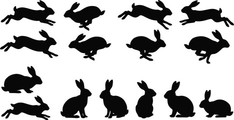 Rabbit silhouette action set, running jumping bunny vector illustration isolated on white background animal collection design graphic