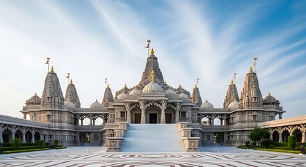 Fototapeta premium Large ornate Hindu temple with multiple spires and domes exterior architecture