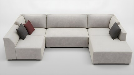 Modern minimalist gray sectional sofa with geometric pattern and decorative pillows in bright living room interior design