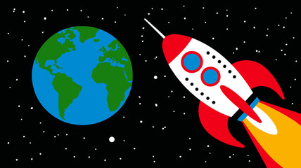 Naklejka premium Cartoon rocket flying towards earth planet in space with stars