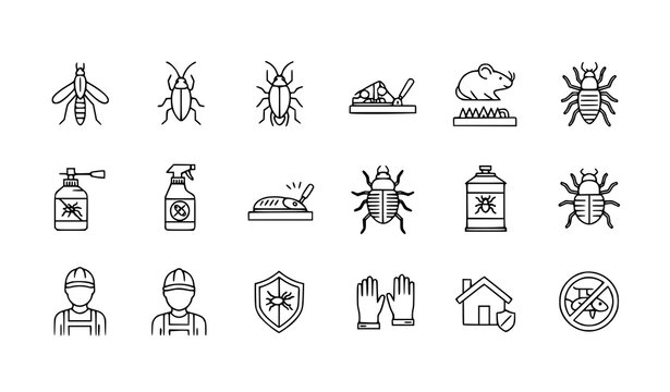 A set of pest control icons in a flat minimal design style