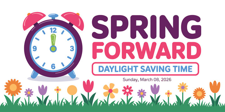 Spring forward daylight saving time concept with alarm clock and flowers