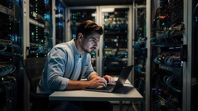 In a dimly lit server room, a focused IT professional works on his laptop surrounded by data racks. He ensures cybersecurity and maintains the system, creating a serious and professional mood. Ideal f