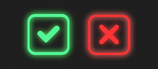 Neon checkmark icons, glowing check buttons, glossy glass signs. Green tick and red X symbol with glow effect vector illustration © trendystore 