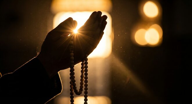 silhouette of muslim hands in prayer holding tasbih beads with sunlight rays and bokeh background