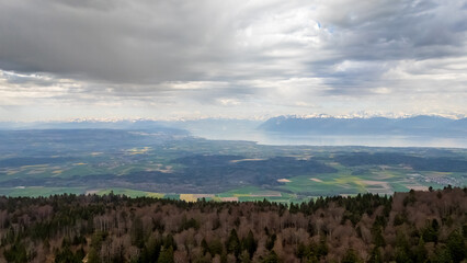 Fototapeta premium Jura mountains aerial view overlooking Lake Geneva and Alps