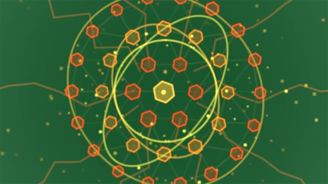 Network forming on transparent canvas as tiny gold dash appearing, rings orbiting to map data