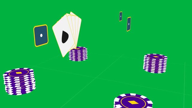 Fanned cards rising from chip stack, drifting left forming purple upright grid on transparent void