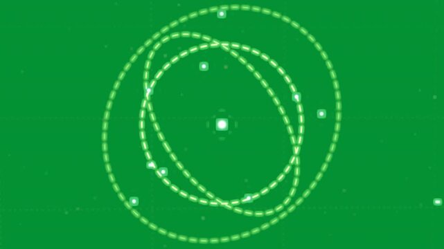 Grid fading, rings orbiting center square, beads pulsing to visualize orbits on transparent HUD