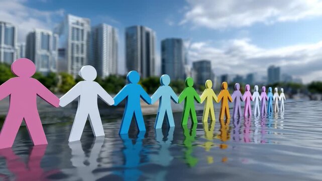 Colorful diverse human figures, holding hands in solidarity, symbolizing global cooperation, inclusive collaboration, united teamwork, against modern city reflections
