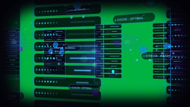 Blue node appearing sparking core stack moving linking panels pulsing showing network on clear bg