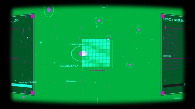 Glowing cursor entering left traversing cyan ATTENTION_WEIGHTS grid showing GPT-X on transparent bg