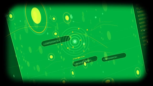 On inference transparent HUD animating, central rings pulsing, tokens moving for model monitoring