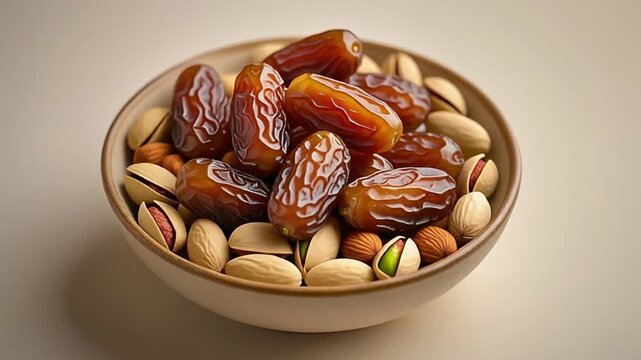 A bowl of assorted healthy snacks on a beige background, showcasing dates and nuts