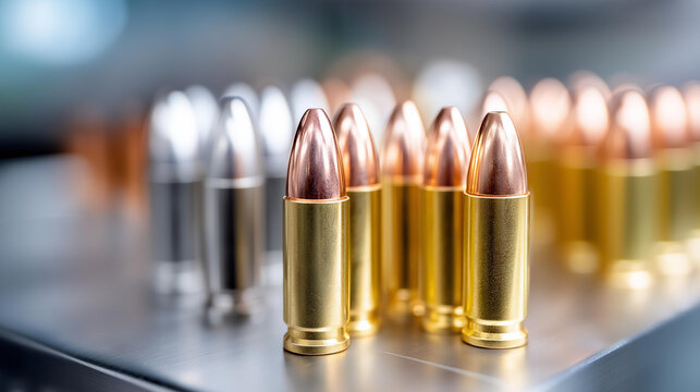Collection of spent cartridges arranged artfully on metal surface, powerful image reflecting ammunition production, impact of gun laws, culture surrounding firearms, defocused