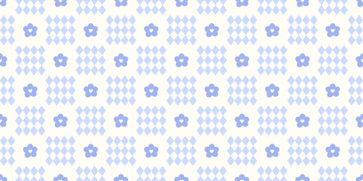 Cute spring rhombus floral checkerboard seamless pattern. Pastel blue daisy background. Print for textile and fabric. Spring time and Happy Easter. Repeat chamomile. Vector illustration