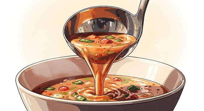 Soup being served from ladle into bowl with colorful ingredients  