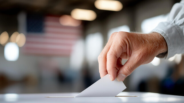 Casting vote in United States election day event, civic engagement activity, indoor setting, close-up perspective, democracy in action, defocused background, with copy space