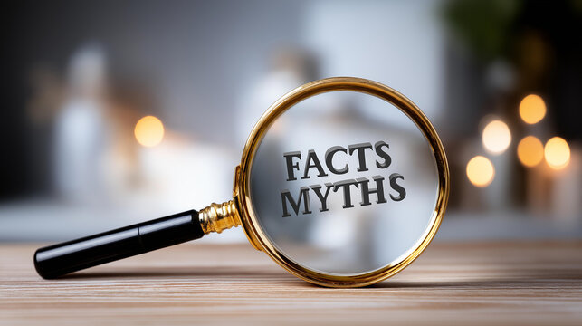 Facts vs myths with magnifying glass revealing truth behind common misconceptions, information verification, defocused background, with copy space