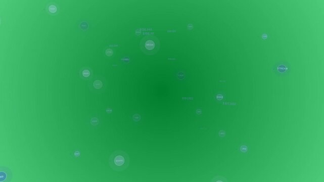 Data-bubble network expanding on node spawn, pulsing and showing money metrics on transparent bg