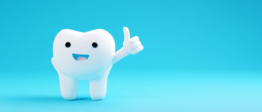 Ilustra&ccedil;&atilde;o de dente sorridente com gesto de aprova&ccedil;&atilde;o simbolizando sa&uacute;de dental, odontologia preventiva e higiene bucal adequada.