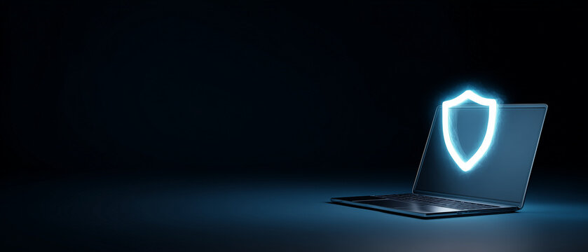 Notebook com escudo luminoso em ambiente escuro, simbolizando ciberseguran&ccedil;a, prote&ccedil;&atilde;o de dados, privacidade online, acesso seguro e defesa digital.