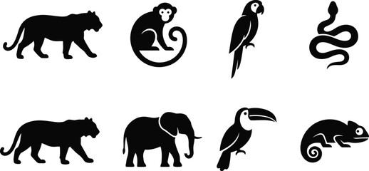 Wild animal silhouettes vector collection, panther monkey parrot snake elephant toucan chameleon icons, black wildlife illustration isolated set © Afsun