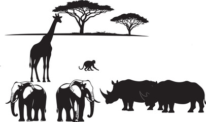Black vector illustration set of African safari animals including elephants a giraffe rhinoceros and monkey with acacia trees for wildlife and nature designs © MstSahanaj