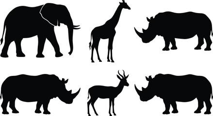 Wildlife animal silhouette set, elephant giraffe rhinoceros antelope vector illustration isolated on white background safari collection design © Afsun