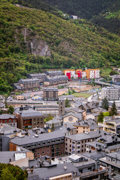 Above view of Andorra la Vella town and buildings seen from Rec del Sola trail