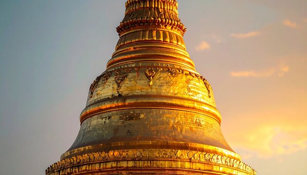 Close up of ancient golden pagoda spires in the morning sun for Kakku Pagoda Festival in Taunggyi Myanmar