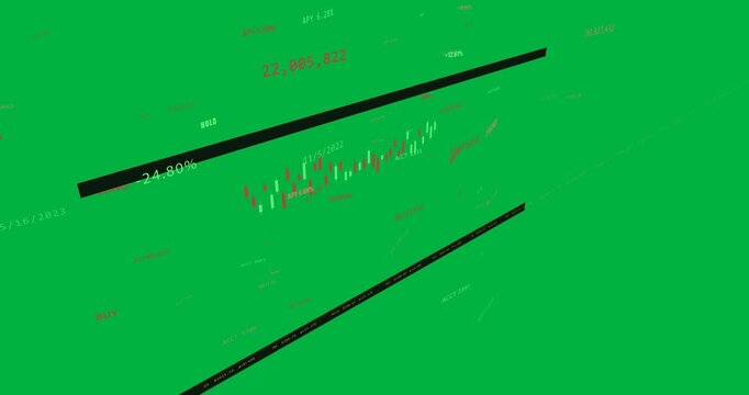 3D candlestick chart shifting on camera pan, revealing labels and upward trend, transparent void