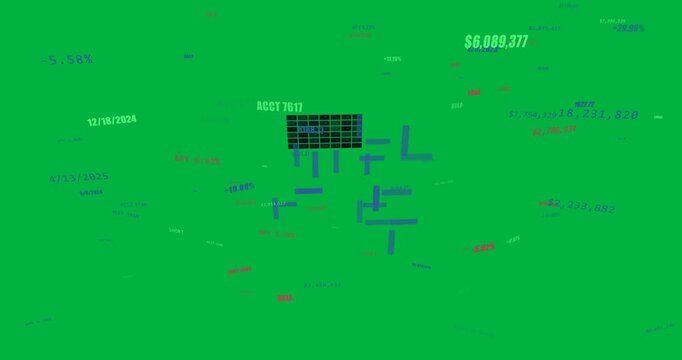 On price jump 3D grid rotating blocks shifting labels changing to show accounts in transparent void
