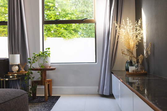 Centered window is filling room with soft light, wooden side table holding trailing plant and stool