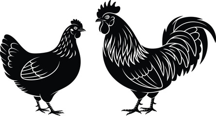 Black Silhouette Rooster And Hen Farm Animals On White Background chicken bird © It's Sahed