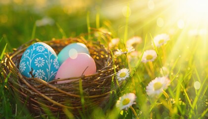 Obraz premium Colorful Easter eggs in a nest surrounded by flowers on a sunny spring day in a garden