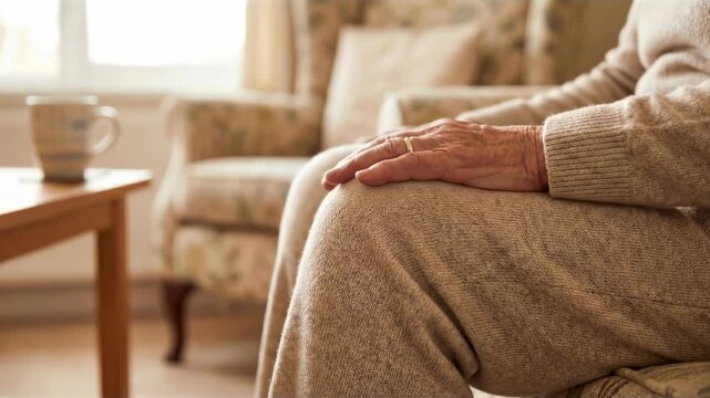 An elderly person's hands resting peacefully on their lap. A cup of tea beside them evokes feelings of rest and reflection, creating a sense of calm.