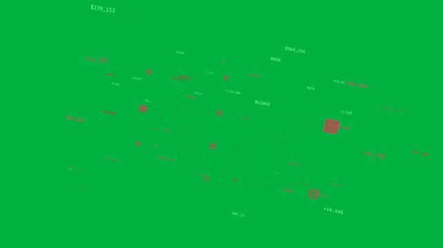 On load 3D net rotating, magenta nodes shifting, labels moving to visualize data on transparent bg