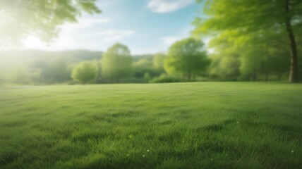 Obraz premium Beautiful green grass field with trees and blue sky in sunny day outdoor scene