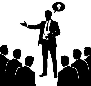 uit presenting to a group of people, business suit, businessman, conversation, give, illustration, lamp, man, person, profile, speaker, speech bubble, stand, suit, talk, against transparent background