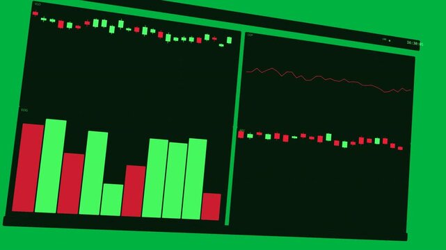 Time updating, UI leveling, left bars up right charts down showing market on transparent background
