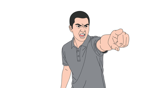 A man with a buzz cut wearing a grey polo shirt points his finger directly forward with a furious and angry facial expression.