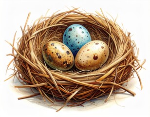 Obraz premium Bird Nest with Brown and Blue Eggs on White Background Still Life
