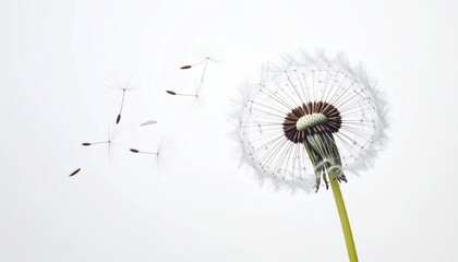 Dandelion seeds blowing in the wind against a white background.