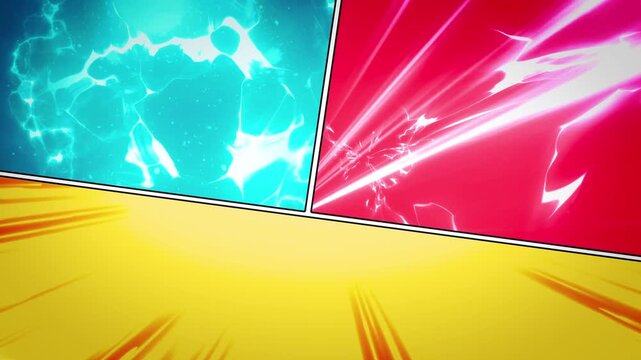 Comic Book Action Animation With Energy Fx
Animation of a powerful retro 80s textured comic books page background with high energy fx and explosive sunbeams effects for a dynamic composition