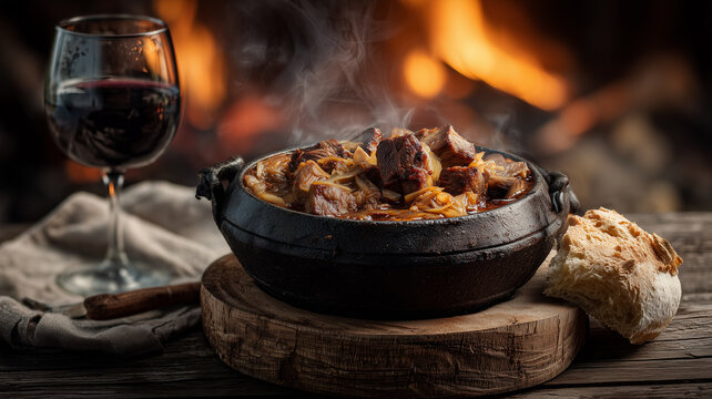A steaming bowl of Bigos, a rich Polish hunter's stew made with sauerkraut and various meats, served in a rustic pot with red wine and a warm fireplace backdrop.